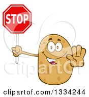Cartoon Russet Potato Character Gesturing And Holding A Stop Sign