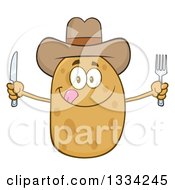 Cartoon Cowboy Russet Potato Character Licking His Lips And Holding Silverware