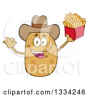 Cartoon Cowboy Russet Potato Character Gesturing Ok And Holding French Fries