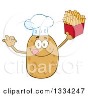 Cartoon Chef Russet Potato Character Licking His Lips Gesturing Ok And Holding Up French Fries