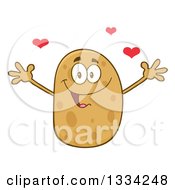 Cartoon Russet Potato Character With Open Arms And Hearts