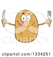 Cartoon Russet Potato Character Licking His Lips And Holding Silverware