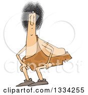 Cartoon Crouching Chubby Caveman With An Afro