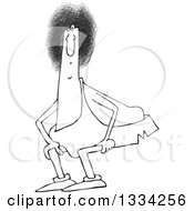 Lineart Clipart Of A Cartoon Black And White Crouching Chubby Caveman With An Afro Royalty Free Outline Vector Illustration by djart