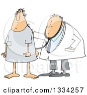 Cartoon White Male Medical Patient In An Open Back Hospital Gown Getting A Checkup By A Doctor