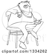 Lineart Clipart Of A Cartoon Black And White Casual Chubby Man Sitting On A Stool Royalty Free Outline Vector Illustration