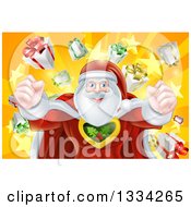 Poster, Art Print Of Super Hero Santa Claus Flexing His Muscles In A Christmas Suit Over A Star Burst With Gifts