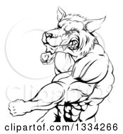 Poster, Art Print Of Black And White Vicious Muscular Wolf Man Swinging A Punch