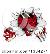 Poster, Art Print Of Fierce Red Dragon Mascot Slashing Through A Wall