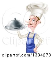 Clipart Of A Snooty White Male Chef With A Curling Mustache Holding A Cloche Platter Facing Left Royalty Free Vector Illustration by AtStockIllustration