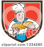Poster, Art Print Of Cartoon Caucasian Male Chef Baker Holding A Loaf Of Bread In A Brown White And Red Crest