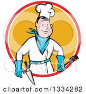 Poster, Art Print Of Cartoon Caucasian Male Bbq Chef Holding A Spatula In A Red White And Orange Circle