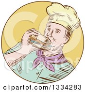 Poster, Art Print Of Retro Sketched Caucasian Male Chef Eating A Hamburger In A Yellow Circle