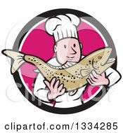 Clipart Of A Cartoon Caucasian Male Chef Holding A Fresh Trout Fish In A Black White And Pink Circle Royalty Free Vector Illustration