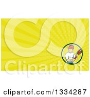 Poster, Art Print Of Cartoon White Male Plumber Holding A Monkey Wrench And Looking To The Side And Yellow Rays Background Or Business Card Design