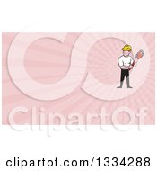 Poster, Art Print Of Cartoon White Male Plumber Holding A Monkey Wrench And Looking To The Side And Pink Rays Background Or Business Card Design