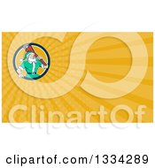 Clipart Of A Cartoon Plumber Santa Holding A Monkey Wrench Over His Shoulder And Yellow Rays Background Or Business Card Design Royalty Free Illustration