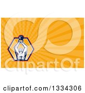 Clipart Of A Retro Male Bodybuilder Lifting A Kettlebell And Orange Rays Background Or Business Card Design Royalty Free Illustration