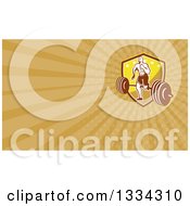 Clipart Of A Retro Crossfit Athlete Man Running Over A Barbell And Shield And Orange Rays Background Or Business Card Design Royalty Free Illustration