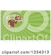 Clipart Of A Retro Male Real Estate Agent Holding A House And Green Rays Background Or Business Card Design Royalty Free Illustration
