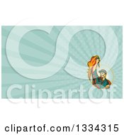 Poster, Art Print Of Retro Revolution Male Worker Holding Up A Torch And Emerging From A Circle And Turquoise Rays Background Or Business Card Design