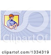 Poster, Art Print Of Retro Contractor Rolling Up His Sleeves And Pastel Purple Rays Background Or Business Card Design