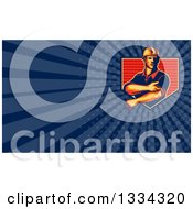 Clipart Of A Retro Contractor Rolling Up His Sleeves And Navy Blue Rays Background Or Business Card Design Royalty Free Illustration