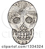 Retro Calavera Sugar Skull Tattoo With Leaves A Snake And Dagger