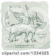 Poster, Art Print Of Retro Sketched Winged Wild Boar With Manuscript Cypher Text Code