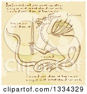 Poster, Art Print Of Sketched Dragon Holding A Sword With Cypher Text Code