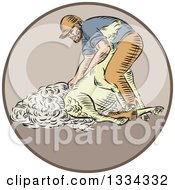 Poster, Art Print Of Retro Sketched Farmer Shearing A Sheep In A Circle