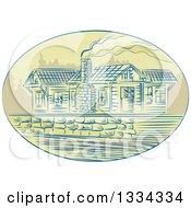 Poster, Art Print Of Retro Sketched Log Cabin With Smoke Rising From The Chimney In An Oval