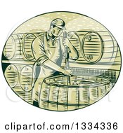 Poster, Art Print Of Sketched Male Brewmaster Stirring Beer Brew In A Kettle Barrel