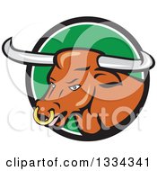 Poster, Art Print Of Cartoon Texas Longhorn Steer Bull In A Black White And Green Circle