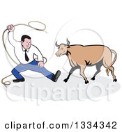 Poster, Art Print Of Cartoon Caucasian Businessman Swinging A Lasso Towards A Bull