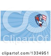 Clipart Of A Retro Male Plumber Holding A Monkey Wrench In An American Flag Shield And Blue Rays Background Or Business Card Design Royalty Free Illustration