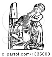 Black And White Woodcut Medieval Woman Cleansing A Mans Scalp Of Dandruff Or Headlice With Broom-Rape