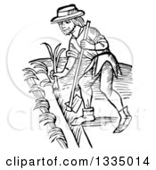 Black And White Woodcut Medieval Man Using A Hoe And Planting A Garden