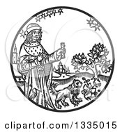 Poster, Art Print Of Black And White Woodcut Medieval King Holding A Stick By A Lion In A Garden