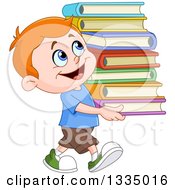 Poster, Art Print Of Cartoon Red Haired White School Boy Smiling And Carrying A Stack Of Books