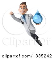 Clipart Of A 3d Young Brunette White Male Doctor Flying And Holding A Water Droplet Royalty Free Illustration