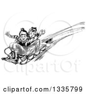 Retro Black And White Boy And Girl Playing On A Winter Sled