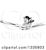 Clipart Of A Retro Black And White Happy Boy Swinging A Baseball Bat Royalty Free Vector Illustration