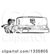 Poster, Art Print Of Black And White Retro Happy Girl Looking Back While Washing Dishes In A Sink