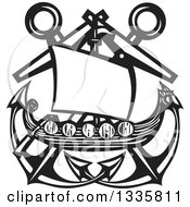 Poster, Art Print Of Black And White Woodcut Viking Ship Over Crossed Nautical Anchors