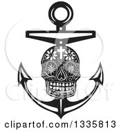 Poster, Art Print Of Black And White Woodcut Day Of The Dead Skull And Nautical Anchor