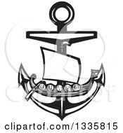 Black And White Woodcut Viking Ship Over A Nautical Anchor