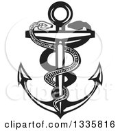 Clipart Of A Black And White Woodcut Double Snake Caduceus Nautical Anchor Royalty Free Vector Illustration by xunantunich