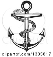 Poster, Art Print Of Black And White Woodcut Snake Caduceus Nautical Anchor