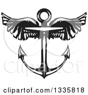 Poster, Art Print Of Black And White Woodcut Winged Nautical Anchor